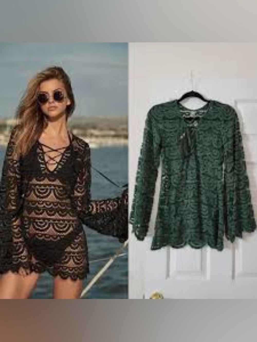PilyQ Noah Lace long sleeve Cover-Up/Tunic Top Deep forest green XS/S